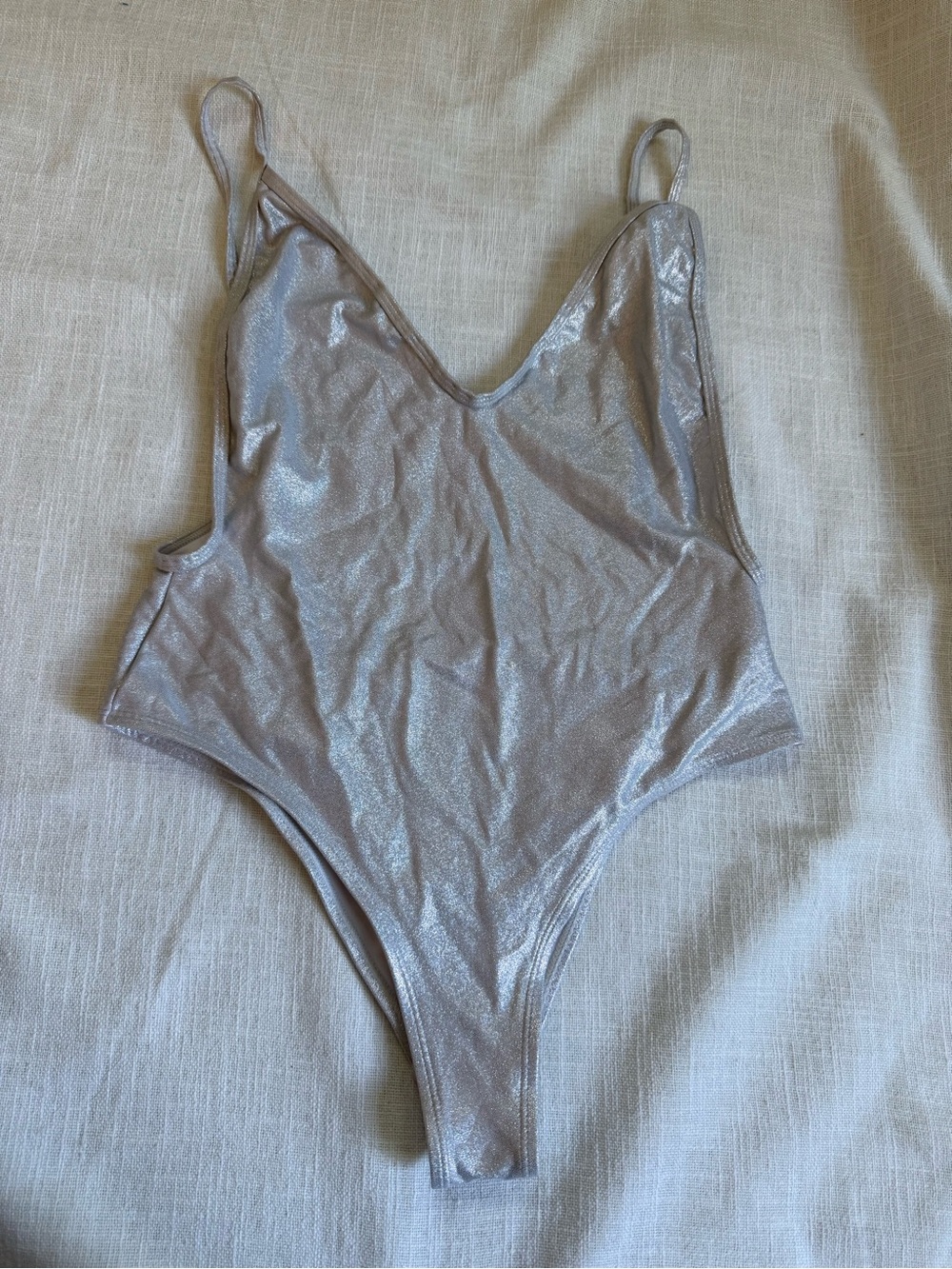 47 Street Metallic Silver One-Piece Swimsuit Bodysuit - Size small